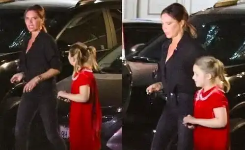  小七穿红裙显活泼,贝克汉姆女儿扎双马尾,贝嫂表情严肃还一身黑